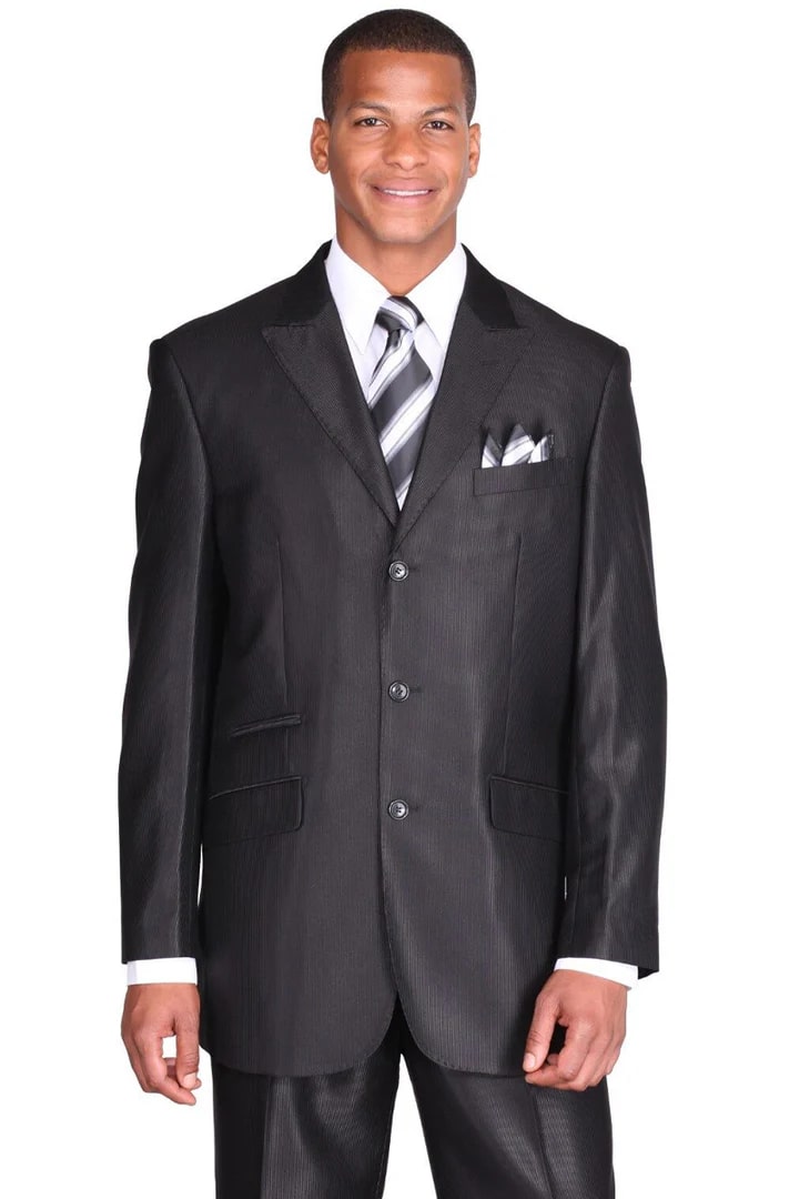 Cheap Priced Suit - Mens 3 Button Peak Lapel Shiny Sharkskin Micro Pinstripe Black Suit - 38 Short Jacket+32 Waist Adjustable 28to34)(Height: 5 4 to5 7 )(Neck 15-16.5)S-M)