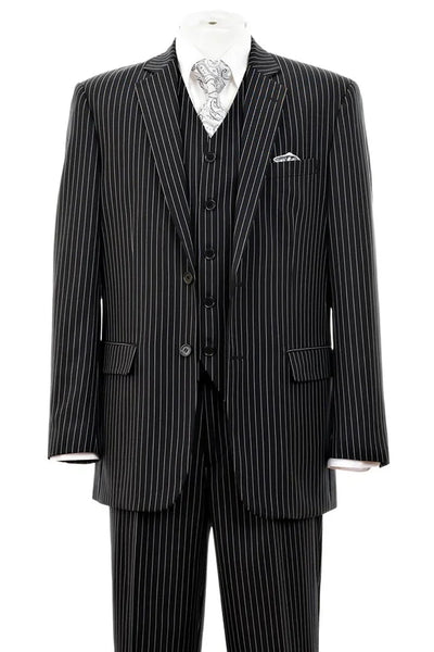 Cheap Priced Suit - Mens 2 Button Vested Bold Pinstripe Gangster Black Suit