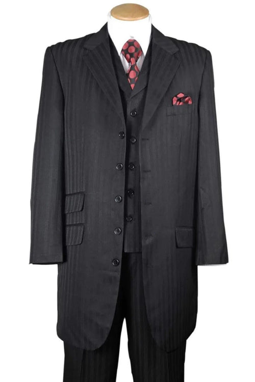 Cheap Priced Suit- Mens Long Fashion Vested Tonal Pinstripe Zoot Black Suit