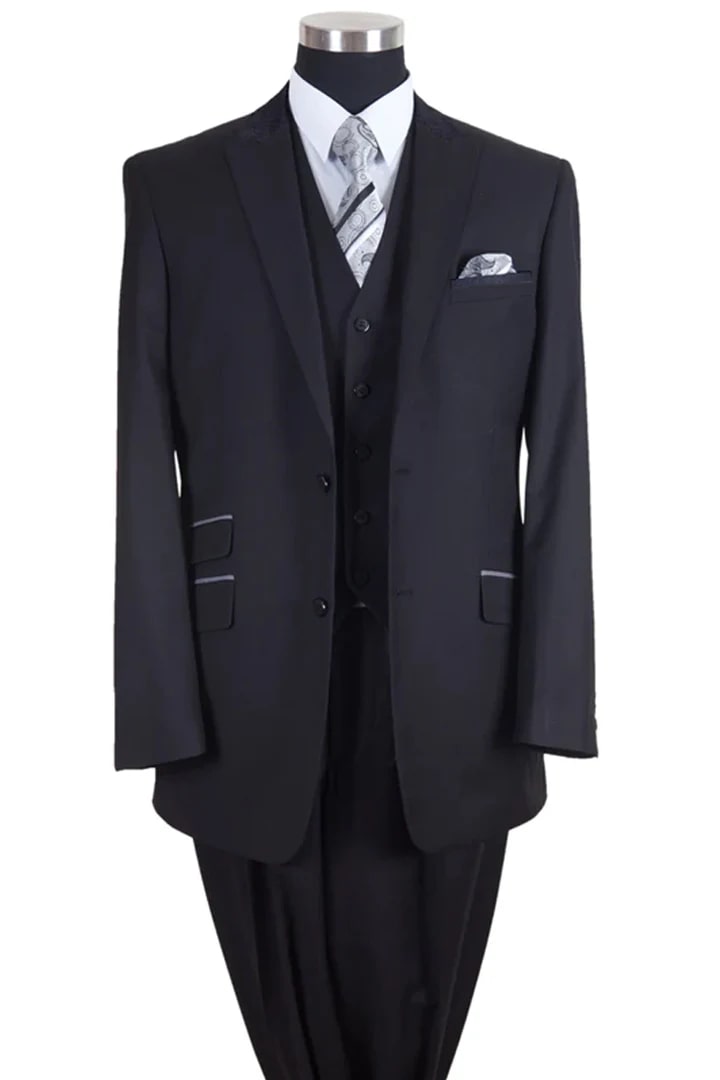 Cheap Suit - Mens 2 Button Vested Peak Lapel Contrast Collar Black And Black Suit - 38 Short Jacket+32 Waist Adjustable 28to34)(Height: 5 4 to5 7 )(Neck 15-16.5)S-M)
