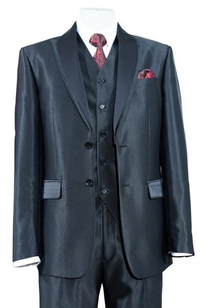 Cheap Priced Suit- Mens 2 Button Vested Slim Fit Shiny Sharkskin Tuxedo Black Suit