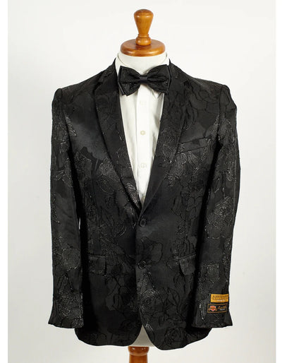 Mens 2 Button Shiny Black on Black Floral Paisley Prom 2026 & Wedding Blazer