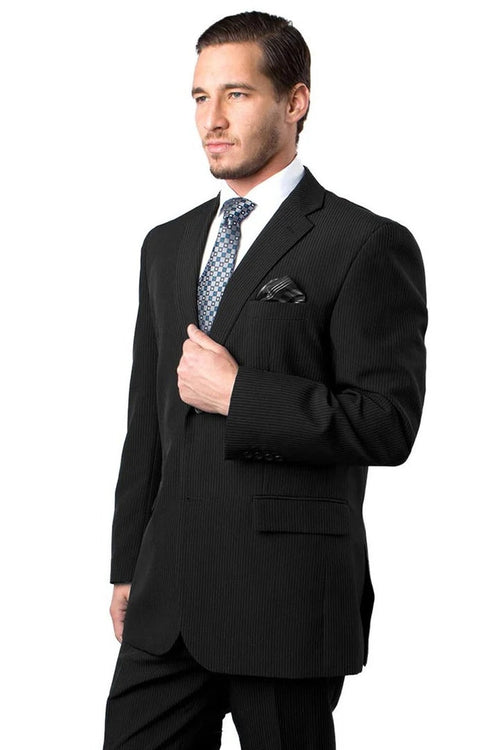 Cheap Priced Suit - Men's Two Button Vested Mini Pinstripe Business Suit in black