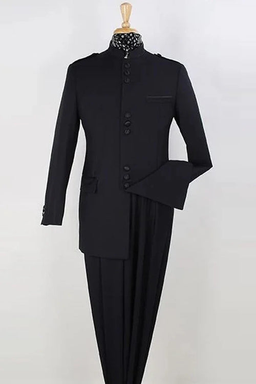 Cheap Priced Suit - Mens Classic Military Banded Collar Mandarin Safari Black Suit