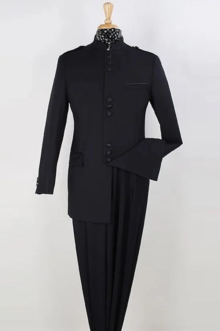 Cheap Priced Suit - Mens Classic Military Banded Collar Mandarin Safari Black Suit