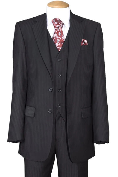 Cheap Priced Suit - Mens 2 Button Vested Wool Feel Tonal Pinstripe Black Suit