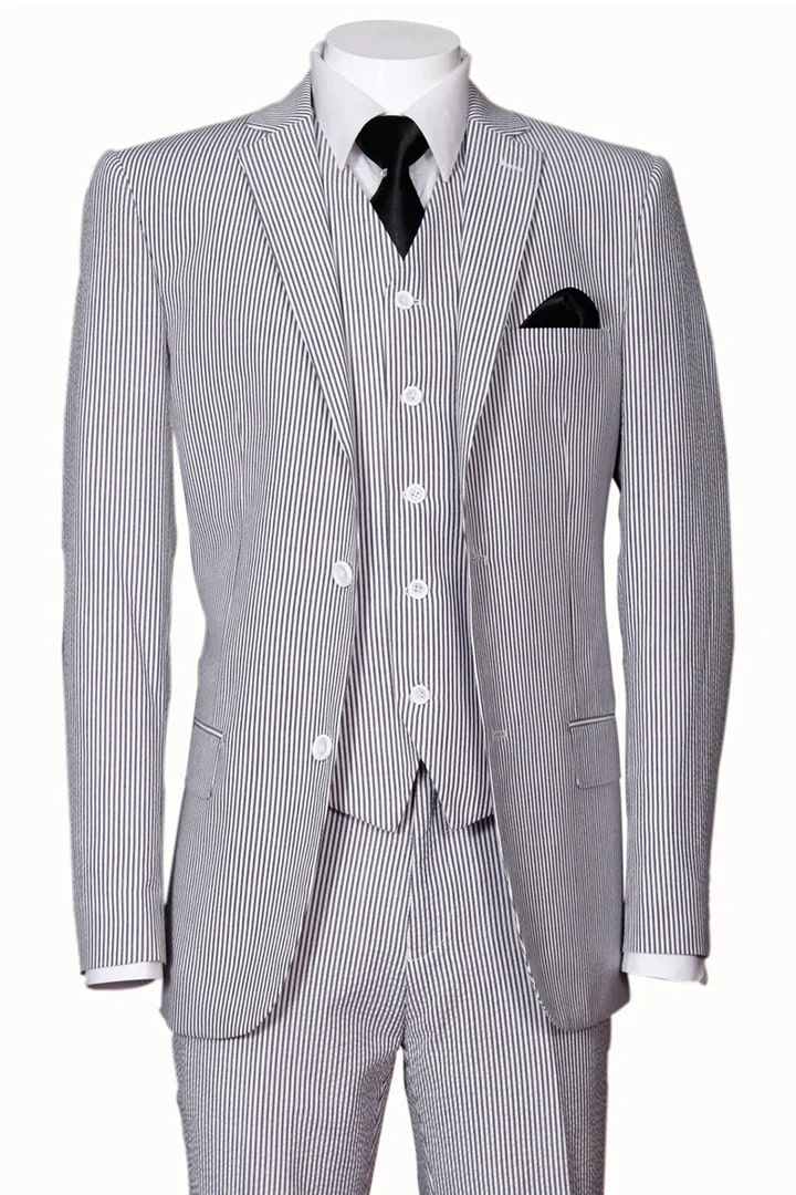 Cheap priced Suit - Mens 2 Button Jacket + Pants Summer Seersucker Black Suit