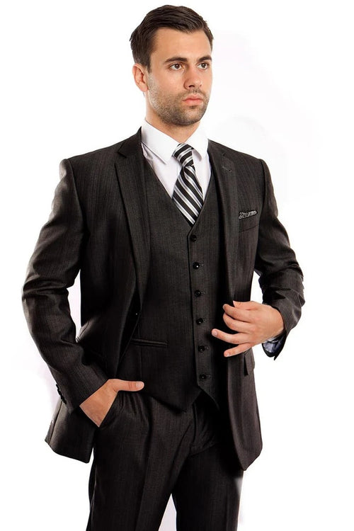 Cheap Priced Suit - Men's Two Button Vested Textured Sharkskin Business Black Suit