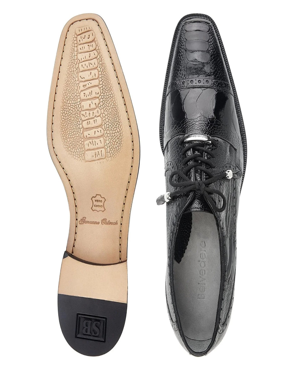 Men's Belvedere Batta Cap Toe Black Ostrich Dress Shoe - US 9.5 Standard/D/ Medium / Eu:42