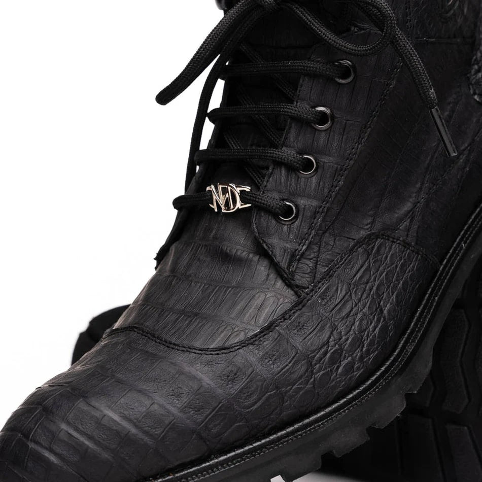 Marco Di Milano Leoni Men's Shoes Oil Black Genuine Caiman Crocodile Rugged Rubber Boots - 8