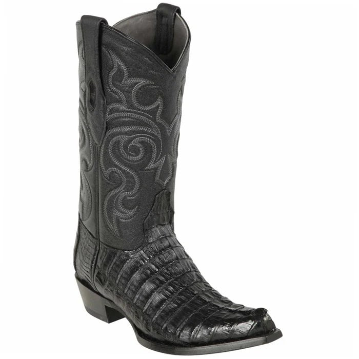 Los Altos Boots - Mens Dress Cowboy Boot - Low Priced Black Caiman Tail Snip Toe Cowboy Boot- in Black - 6