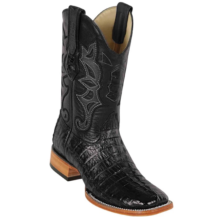 Los Altos Boots - Mens Dress Cowboy Boot - Low Priced Black Square Toe Caiman Tail Boots- in Black - 6