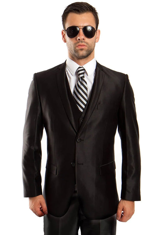 Mens 2 Button Shiny Blazer - Royal Blue Sateen Vested Suit - New Arrival