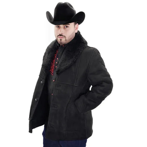 Men’s Black Shearling Jacket with Faux Fur Collar, Western Winter Coat for Casual Wear