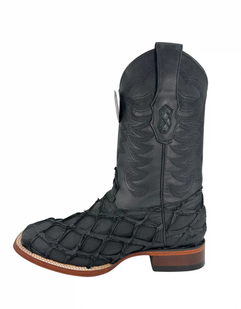 Los Altos Men's Black Matte Genuine Pirarucu Wide Square Toe Boot - 6 Standard / D / Medium