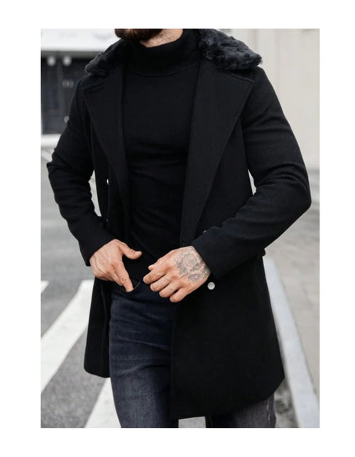 Mens Peacoat With Fur Collar - Black Wool Double Breasted Coat