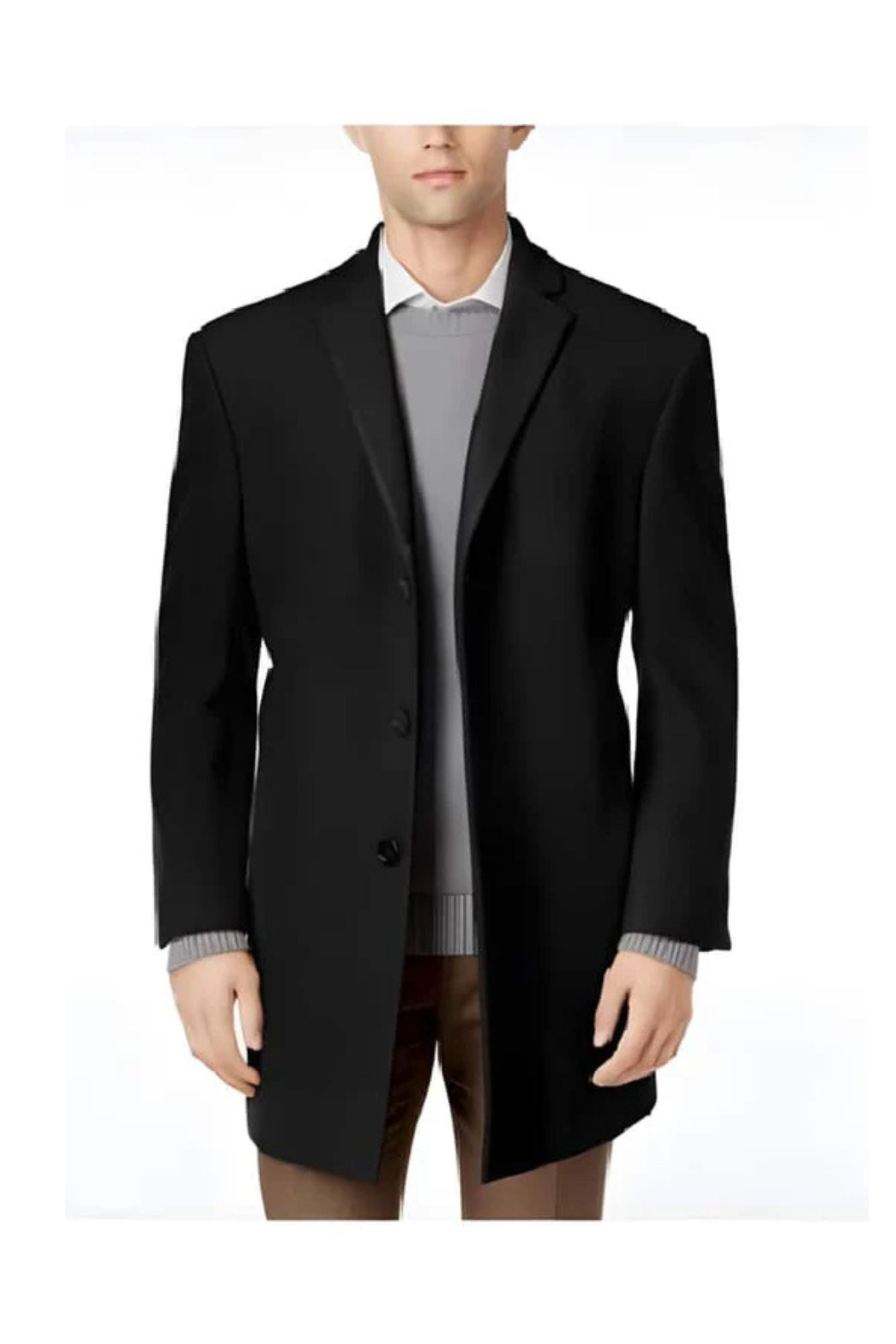 Wool Single Breasted men's Car Coat Mid Length Three quarter length coat Black Long Jacket - Coat Size 38