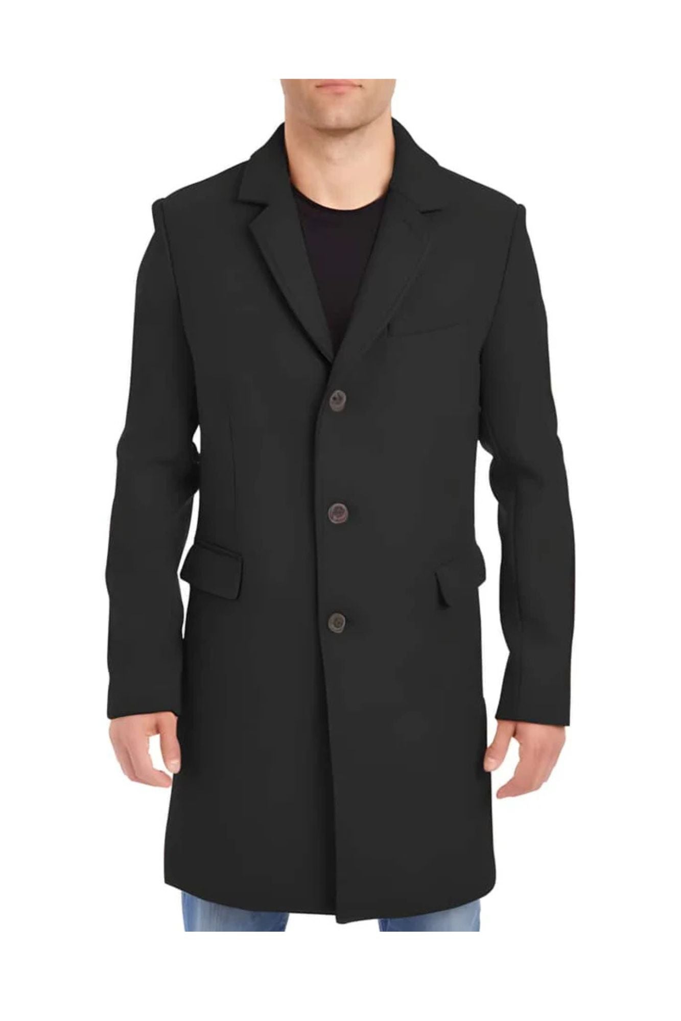 Men's Black Four Button Cuffs Wool Fabric Big And Tall Men's Peacoat - Coat Size 38