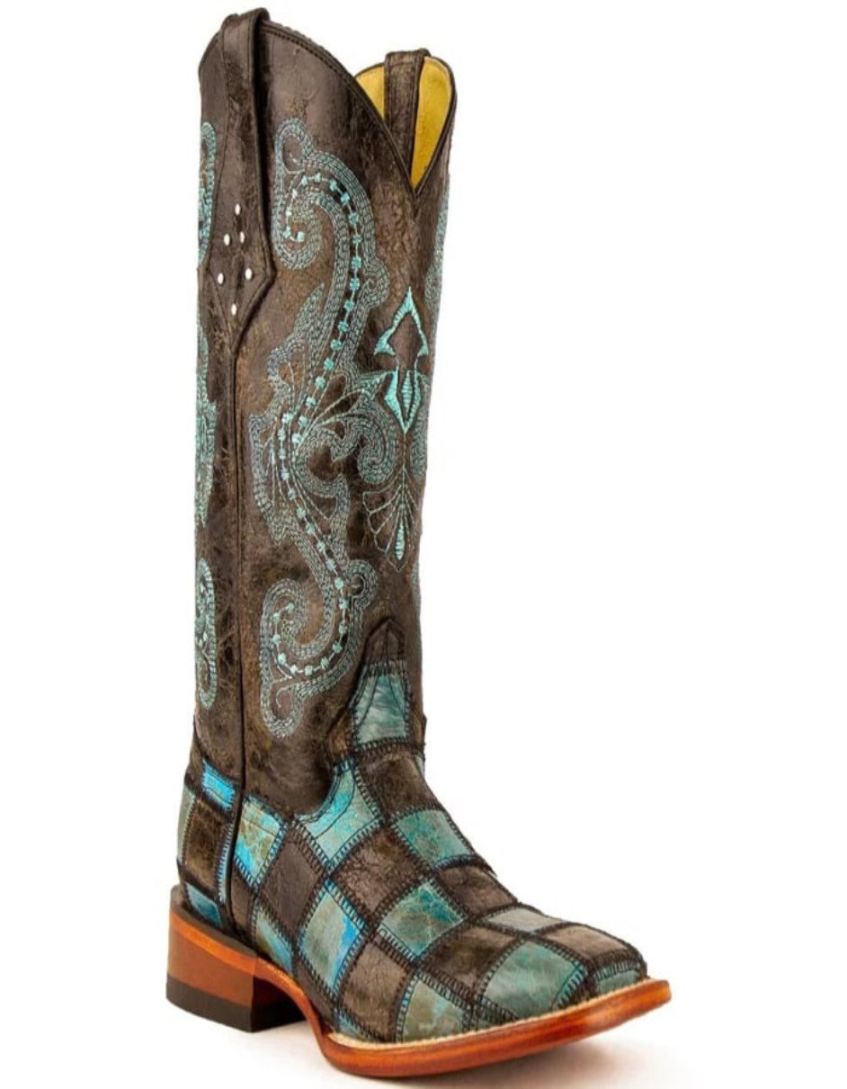 Ferrini Women's Patchwork Square Toe Boots Handcrafted - Black/Teal - 6B