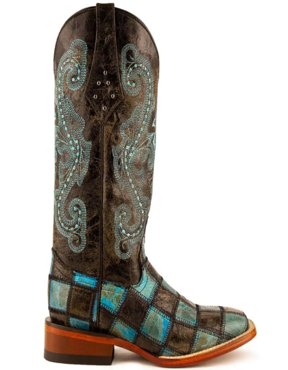 Ferrini Women's Patchwork Square Toe Boots Handcrafted - Black/Teal - 6B