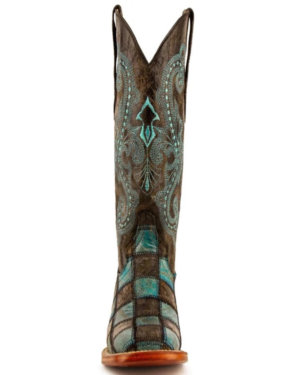 Ferrini Women's Patchwork Square Toe Boots Handcrafted - Black/Teal - 6B