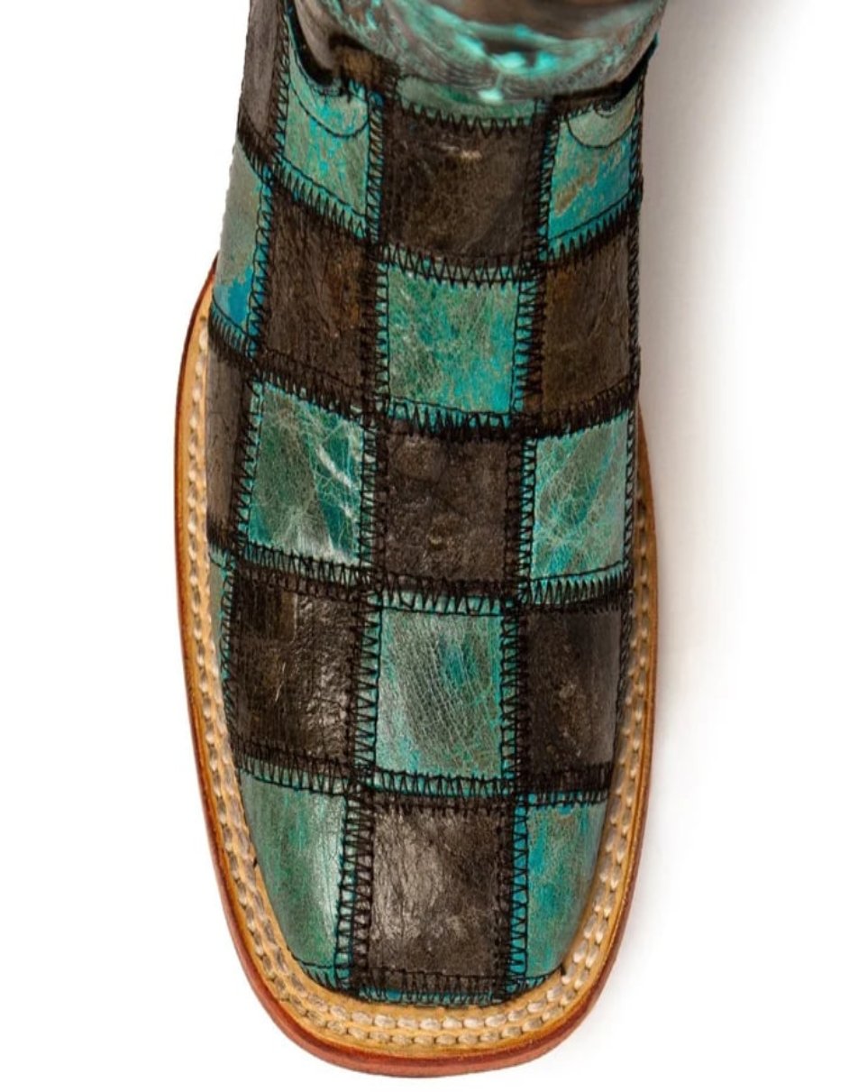 Ferrini Women's Patchwork Square Toe Boots Handcrafted - Black/Teal - 6B