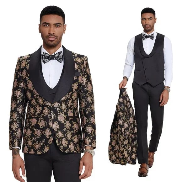 2025 Black & Pink Shiny Floral Mens 3pc Prom 2025 Suit by Tazzio - 38 Short Jacket+32 Waist Adjustable 28to34)(Height: 5 4 to5 7 )(Neck 15-16.5)S-M)