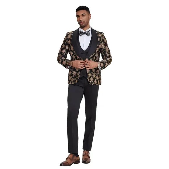 2025 Black & Pink Shiny Floral Mens 3pc Prom 2025 Suit by Tazzio - 38 Short Jacket+32 Waist Adjustable 28to34)(Height: 5 4 to5 7 )(Neck 15-16.5)S-M)