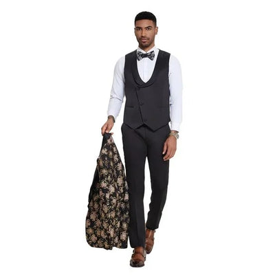 2026 Black & Pink Shiny Floral Mens 3pc Prom 2026 Suit by Tazzio