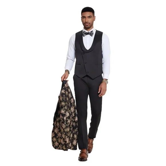 2025 Black & Pink Shiny Floral Mens 3pc Prom 2025 Suit by Tazzio - 38 Short Jacket+32 Waist Adjustable 28to34)(Height: 5 4 to5 7 )(Neck 15-16.5)S-M)
