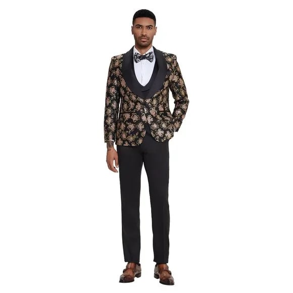 2025 Black & Pink Shiny Floral Mens 3pc Prom 2025 Suit by Tazzio - 38 Short Jacket+32 Waist Adjustable 28to34)(Height: 5 4 to5 7 )(Neck 15-16.5)S-M)