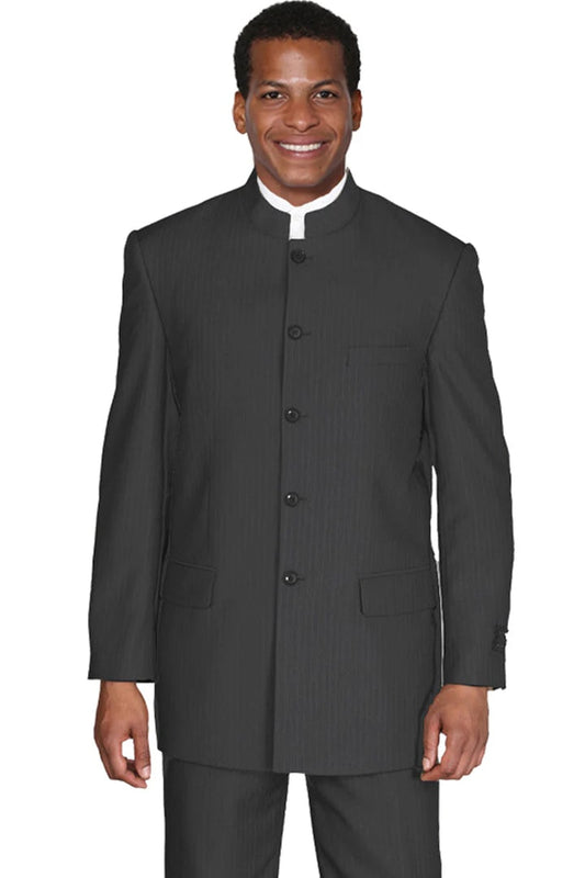 Cheap Priced Suit -  Mens 5 Button Mandarin Pinstripe Black Suit