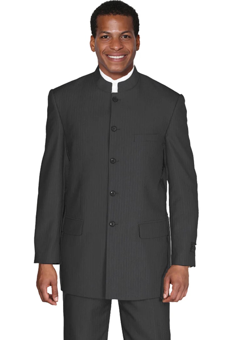 Cheap Priced Suit - Mens 5 Button Mandarin Pinstripe Black Suit - 38 Short Jacket+32 Waist Adjustable 28to34)(Height: 5 4 to5 7 )(Neck 15-16.5)S-M)