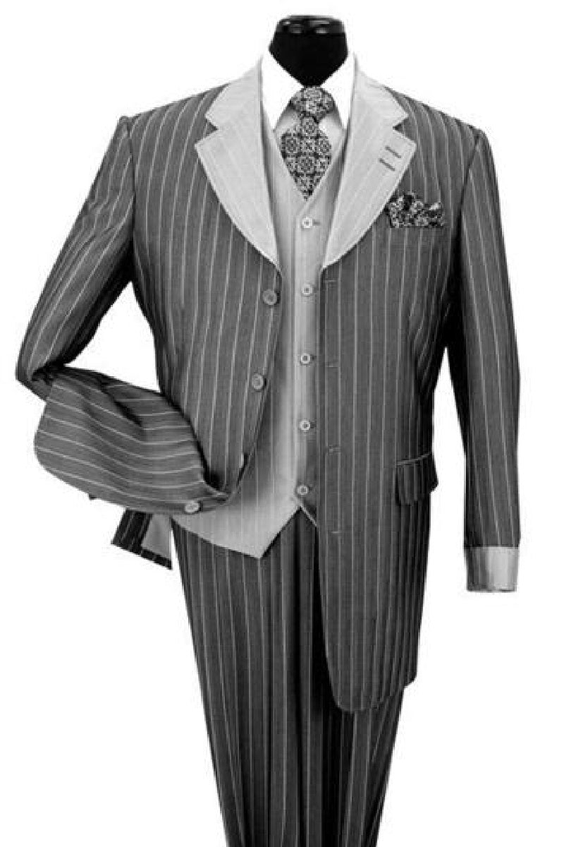 Zoot Suit - Mens Vested Shiny Sharkskin Pinstripe Fashion Gray Pinstripe Zoot Suit - Coat Size 38