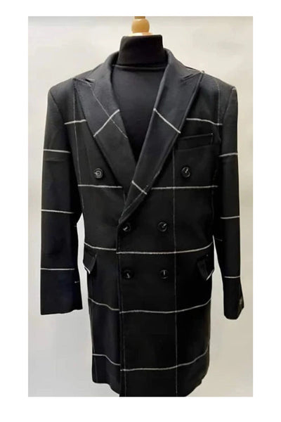 Black Plaid Overcoat - Wool Topcoat With WindowPane Pattern Double Breasted Style
