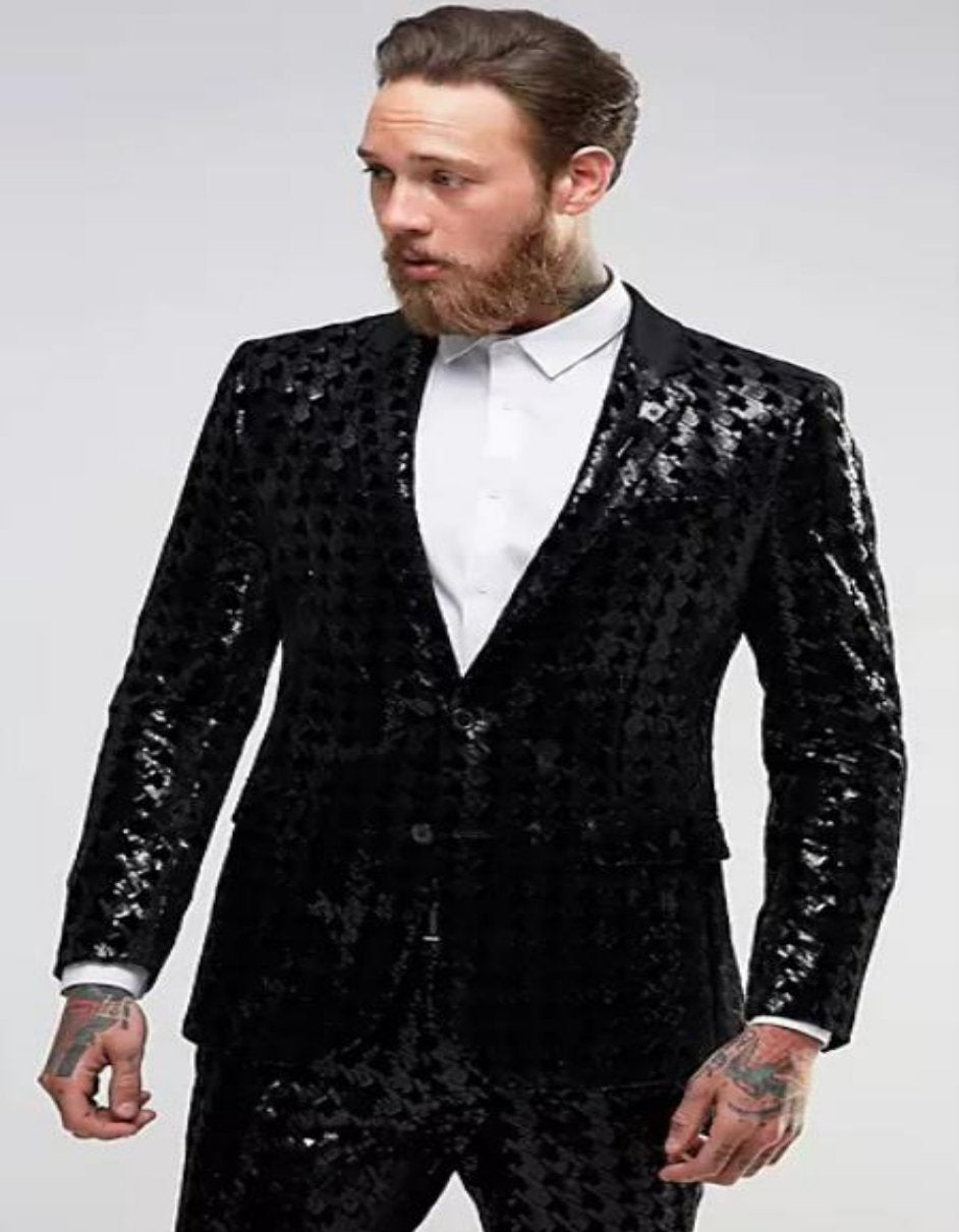 Sequin Tuxedo - Mens Blazer - Black Dinner Jacket - Peak Lapel Shiny Tuxedo Jacket - 38 Short Jacket+32 Waist Adjustable 28to34)(Height: 5 4 to5 7 )(Neck 15-16.5)S-M)