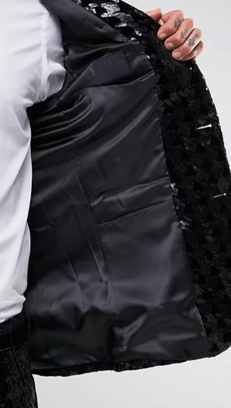 Sequin Tuxedo - Mens Blazer - Black Dinner Jacket - Peak Lapel Shiny Tuxedo Jacket - 38 Short Jacket+32 Waist Adjustable 28to34)(Height: 5 4 to5 7 )(Neck 15-16.5)S-M)