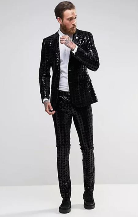 Sequin Tuxedo - Mens Blazer - Black Dinner Jacket - Peak Lapel Shiny Tuxedo Jacket - 38 Short Jacket+32 Waist Adjustable 28to34)(Height: 5 4 to5 7 )(Neck 15-16.5)S-M)