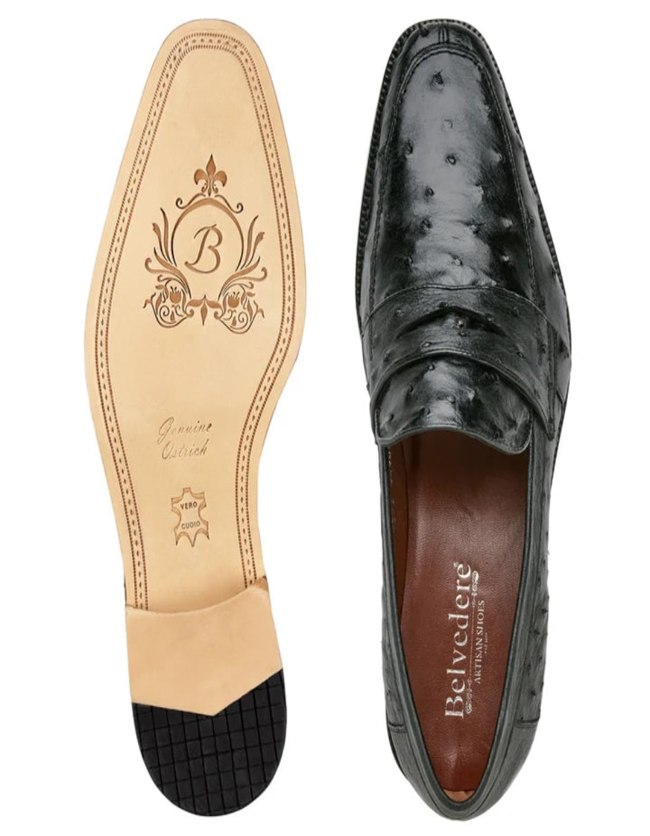 Men's Belvedere Espada Ostrich Quill Penny Loafer Black Dress Shoe - 14.0 Standard / D / Medium