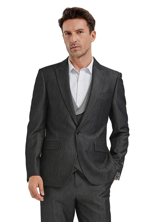 Cheap priced Suit- Men's One Button Peak Lapel Double Breasted Vest Black Suit Sharkskin