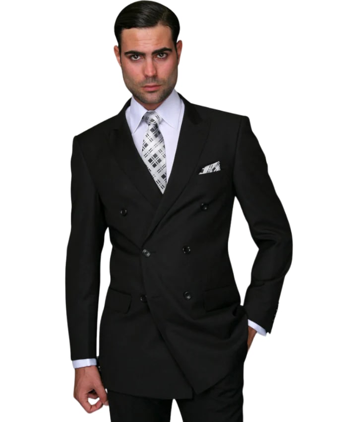 Men's Black wool suit double breasted classic fit pleated pants - 38 Short Jacket+32 Waist Adjustable 28to34)(Height: 5 4 to5 7 )(Neck 15-16.5)S-M)