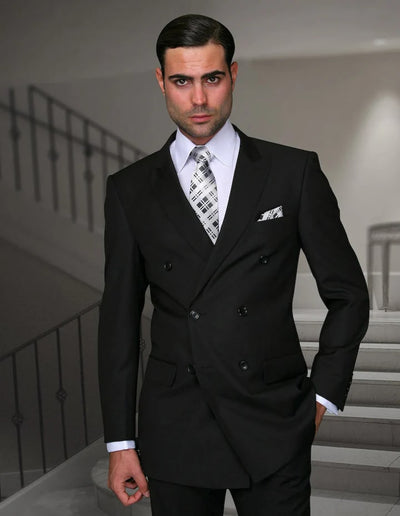 Men's Black Real Wool Fabric Suit double breasted pleated pants 6 Buttons Side Vented