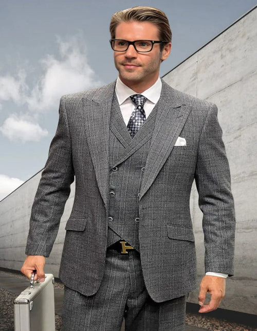 Men's Designer Wool Peak Lapel Muted Black Windowpane Plaid Suit