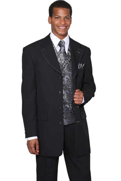 Cheap priced Suit - Mens 4 Button Long Vested Fashion Black With Silver Suit With Paisley Vest