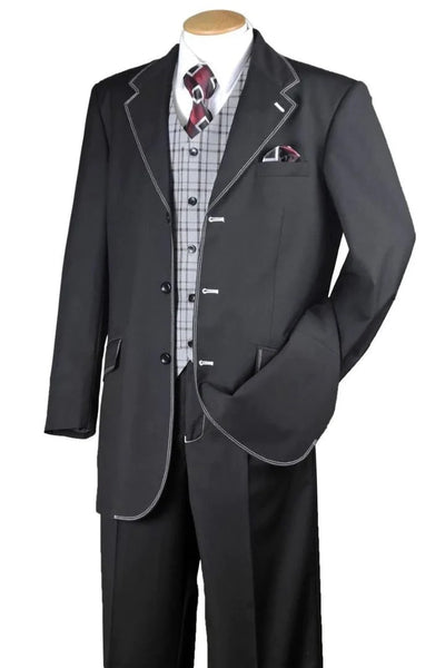 Cheap Priced Suit - Mens 3 Button Fashion Semi Wide Leg Vested Suin In Black With White Stitching