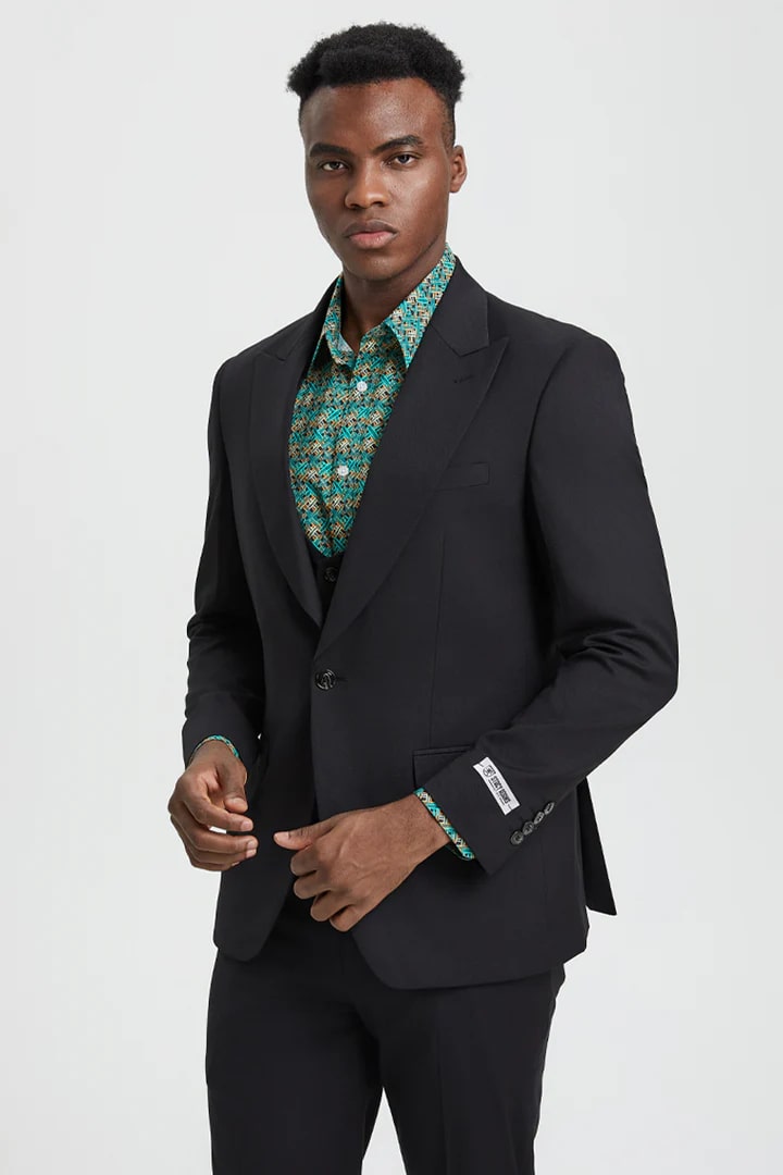 Cheap priced Suit - Men's Vested One Button Peak Lapel Stacy Adams Designer Black Suit - 38 Short Jacket+32 Waist Adjustable 28to34)(Height: 5 4 to5 7 )(Neck  15-16.5)S-M)