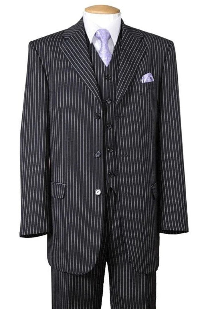 Cheap Suit - Mens 3 Button Bold 1920's Gangster Pinstripe Vested Black Suit - 38 Short Jacket+32 Waist Adjustable 28to34)(Height: 5 4 to5 7 )(Neck 15-16.5)S-M)