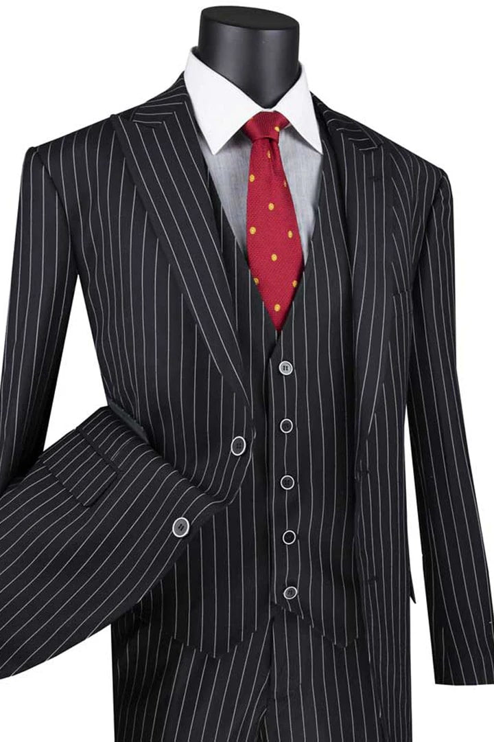 Cheap priced Suit - Mens Vested Bold Gangster Pinstripe Black Suit - 38 Short Jacket+32 Waist Adjustable 28to34)(Height: 5 4 to5 7 )(Neck 15-16.5)S-M)