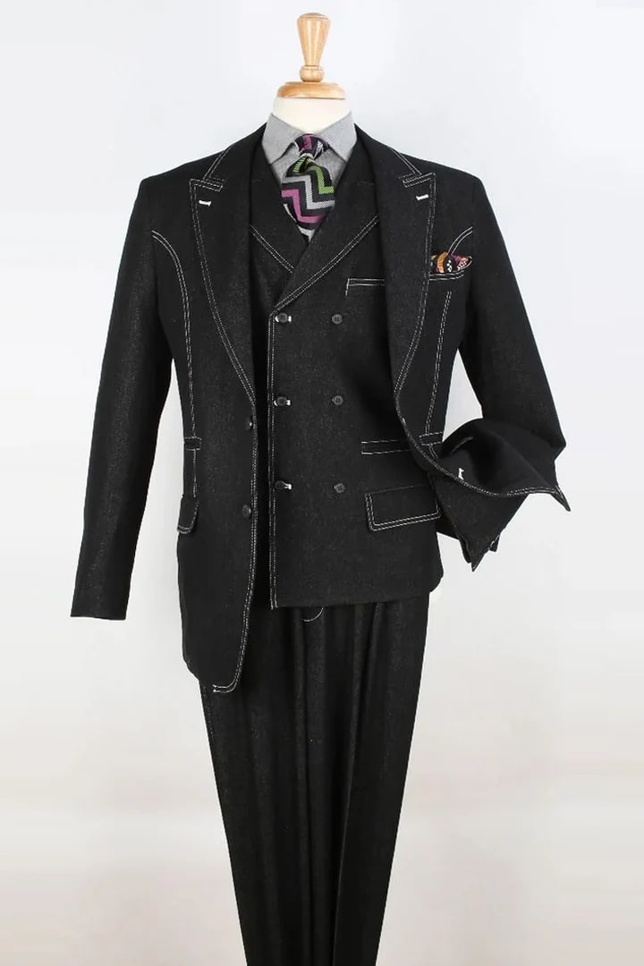 Cheap priced Suit - Mens Two Button Peak Lapel Double Breasted Vest Denim Black Suit - 38 Short Jacket+32 Waist Adjustable 28to34)(Height: 5 4 to5 7 )(Neck 15-16.5)S-M)