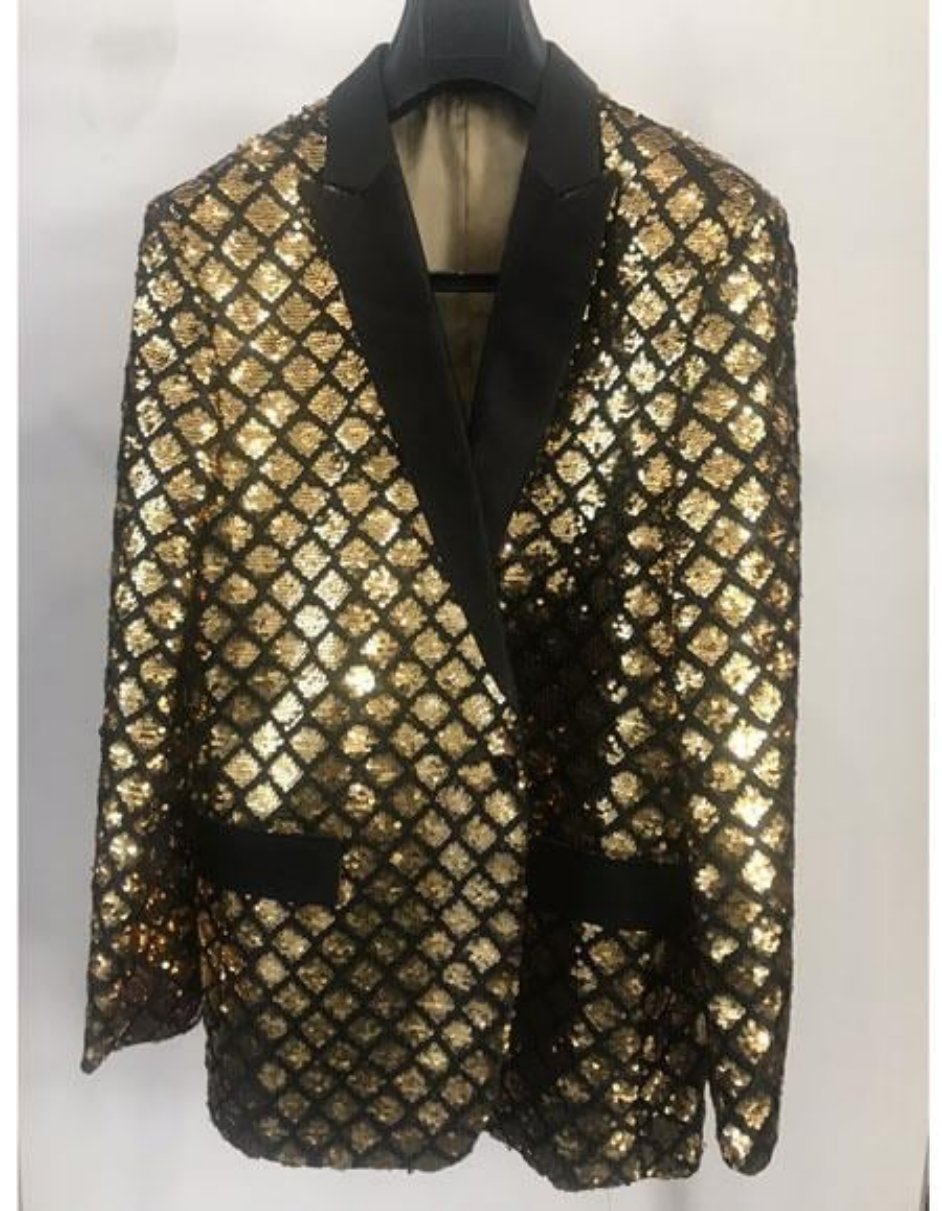 Sequin Tuxedo - Mens Blazer - Black and Gold Dinner Jacket - Shiny Tuxedo Jacket - 52 Long